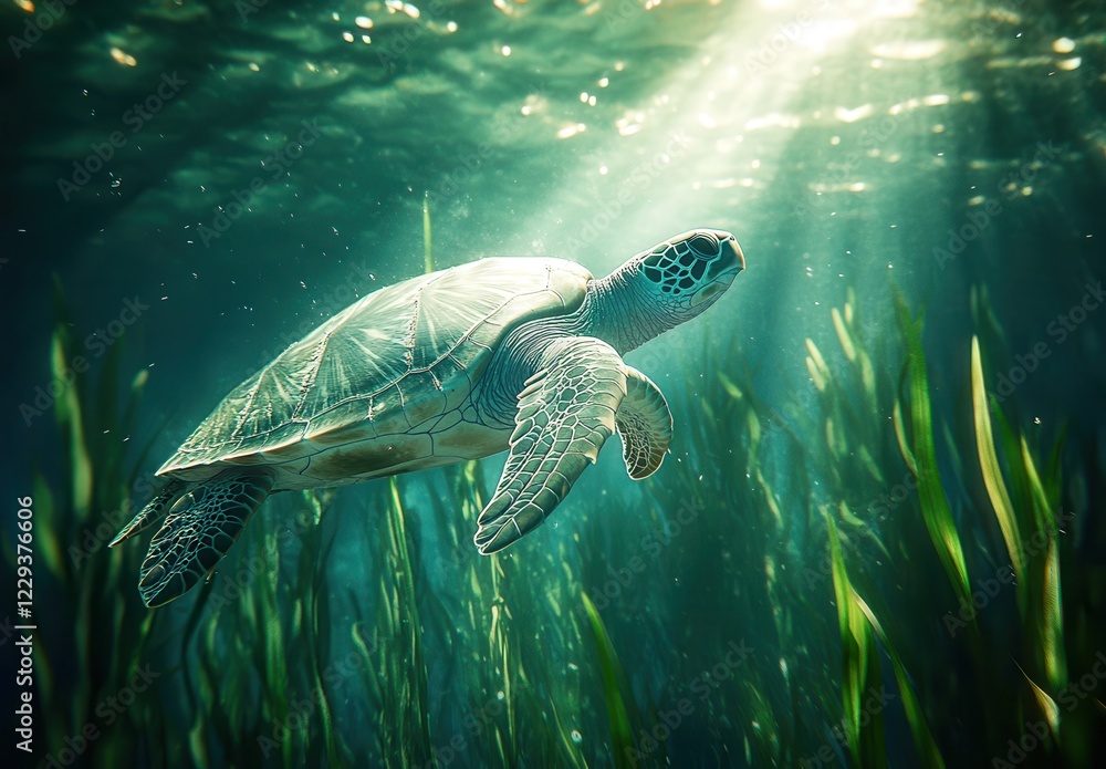 Fototapeta premium Graceful Sea Turtle Swimming Through Sunlit Waters Surrounded by Lush Green Seaweed in Vibrant Underwater Environment