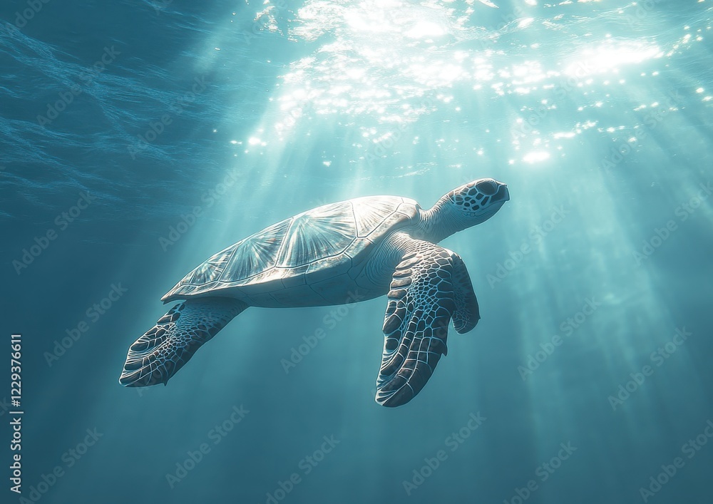 Obraz premium Graceful Sea Turtle Swimming Through Sunlit Ocean Waters in a Vibrant Underwater Scene Captured from Below for Nature and Wildlife Photography