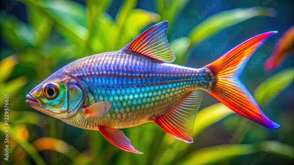 Macro photography reveals the Threadfin Rainbowfish's vibrant colors and stunning fins, showcasing aquatic beauty. Macro photography reveals the Threadfin Rainbowfish's vibrant colors and stunning fins, showcasing aquatic beauty.
