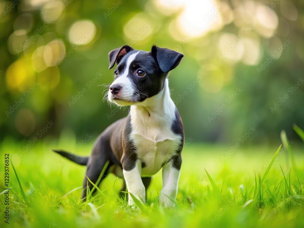 Cute American Terrier puppy, black & white, showcased in profile against a verdant grass backdrop. Cute American Terrier puppy, black & white, showcased in profile against a verdant grass backdrop.