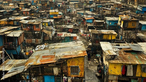 Aerial View of Densely Populated Urban Slum Overcrowded Housing Poverty Developing Country