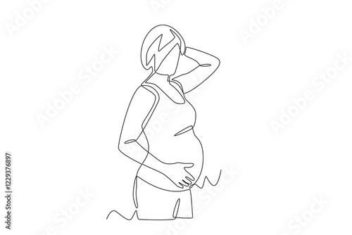 Pregnant woman holding stomach. Pregnant women getting ready for baby concept one-line drawing