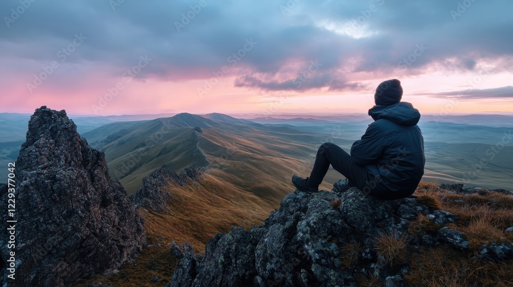 A peaceful sunrise hike with a panoramic view of the mountains. A peaceful sunrise hike with a panoramic view of the mountains.