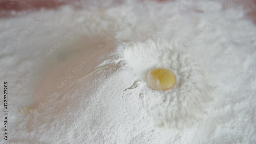 A cook breaks an egg and adds the yolk to wheat flour. A professional baker prepares dough for bread or dessert. Slow motion. A cook breaks an egg and adds the yolk to wheat flour. A professional baker prepares dough for bread or dessert. Slow motion.
