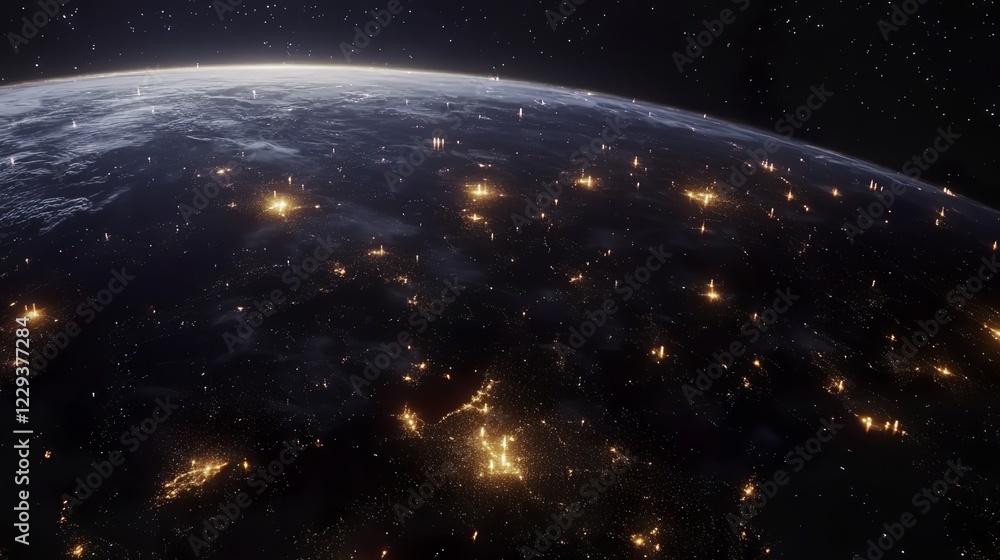 Fototapeta premium Futuristic Earth-centered network with glowing crypto nodes and IoT connections, symbolizing global digital connectivity.