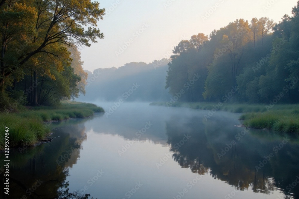 The calm Arkansas stream in a shroud of morning fog, serene, scenery The calm Arkansas stream in a shroud of morning fog, serene, scenery