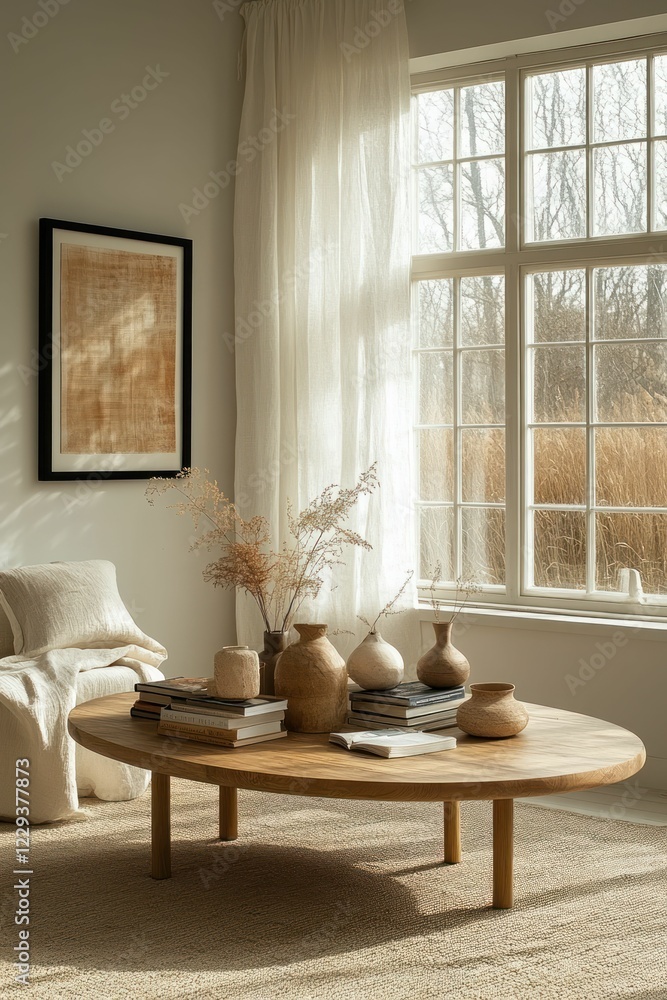 Fototapeta premium Sunlit living room, calm neutral tones, stylish decor.