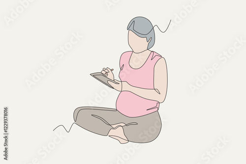 Colored pregnant women make a list of birth supplies. Pregnant women getting ready for baby concept one-line drawing
