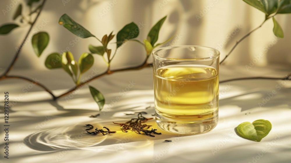 A glass of green tea with scattered tea leaves and green leaves in a sunlight filled environment, AI generated A glass of green tea with scattered tea leaves and green leaves in a sunlight filled environment, AI generated
