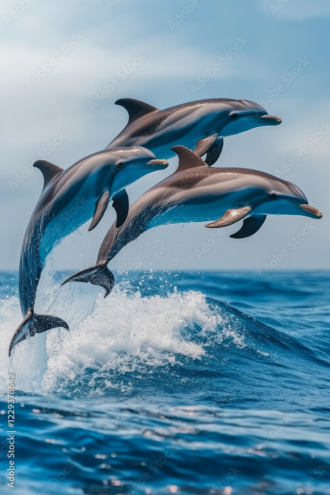 Fototapeta premium A vibrant shot of dolphins leaping in unison above ocean waves, emphasizing synchronized movement and group communication,