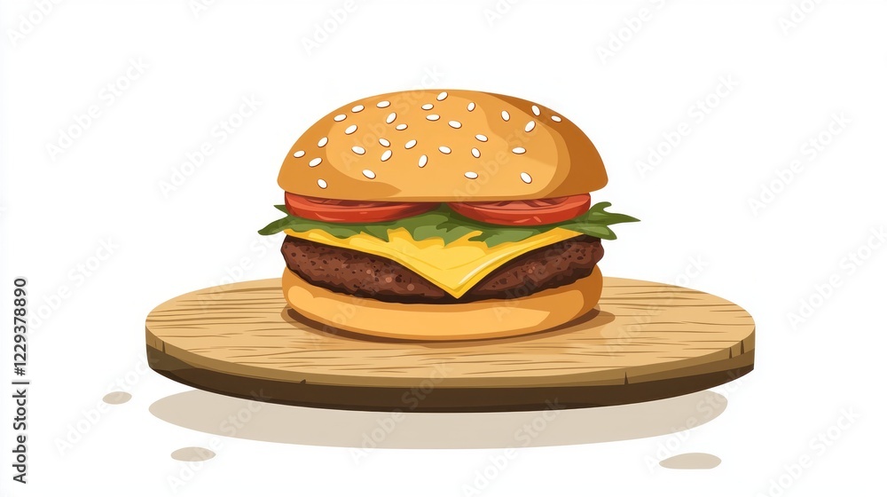 A delicious gourmet cheeseburger oozing with melted cheese, layered with fresh lettuce, juicy tomatoes, and nestled in a toasted sesame seed bun sits on a wooden board, inviting indulgence A delicious gourmet cheeseburger oozing with melted cheese, layered with fresh lettuce, juicy tomatoes, and nestled in a toasted sesame seed bun sits on a wooden board, inviting indulgence