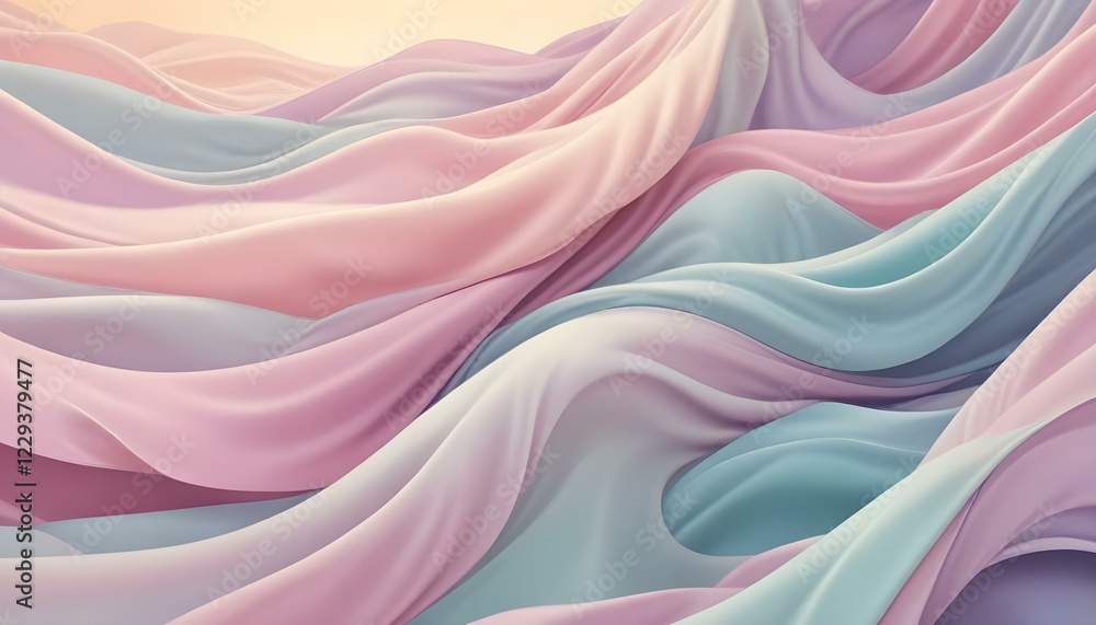 Obraz premium Suaves ondas abstractas de tela o seda de colores pastel que fluyen y se curvan a lo largo del marco, creando una composición serena y onírica
