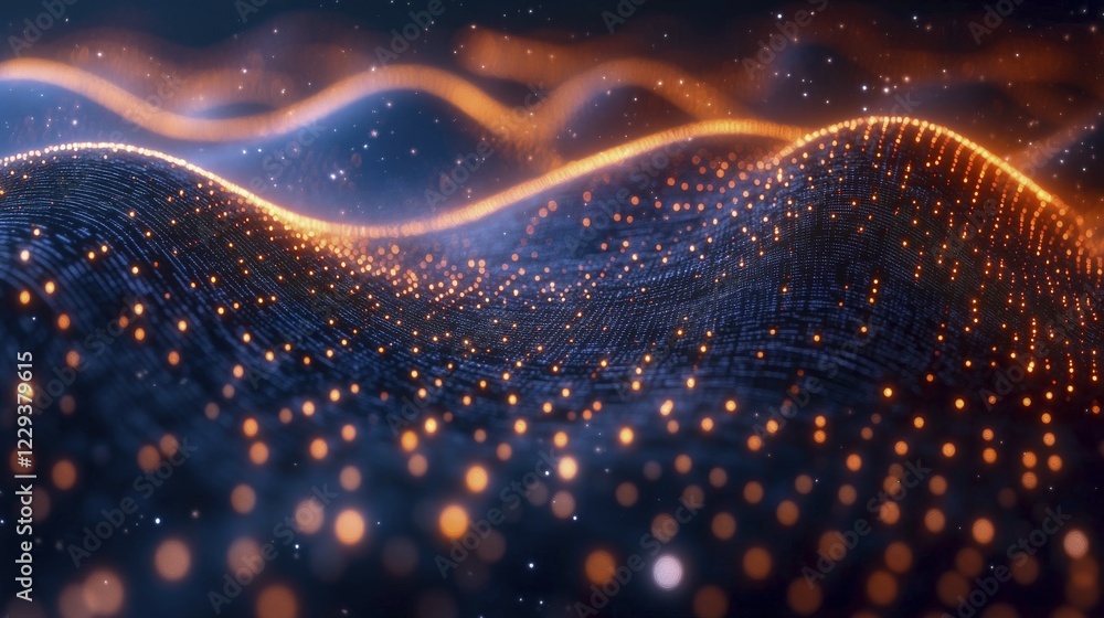 Abstract digital image featuring glowing orange and blue particles forming wave-like patterns, AI generated Abstract digital image featuring glowing orange and blue particles forming wave-like patterns, AI generated