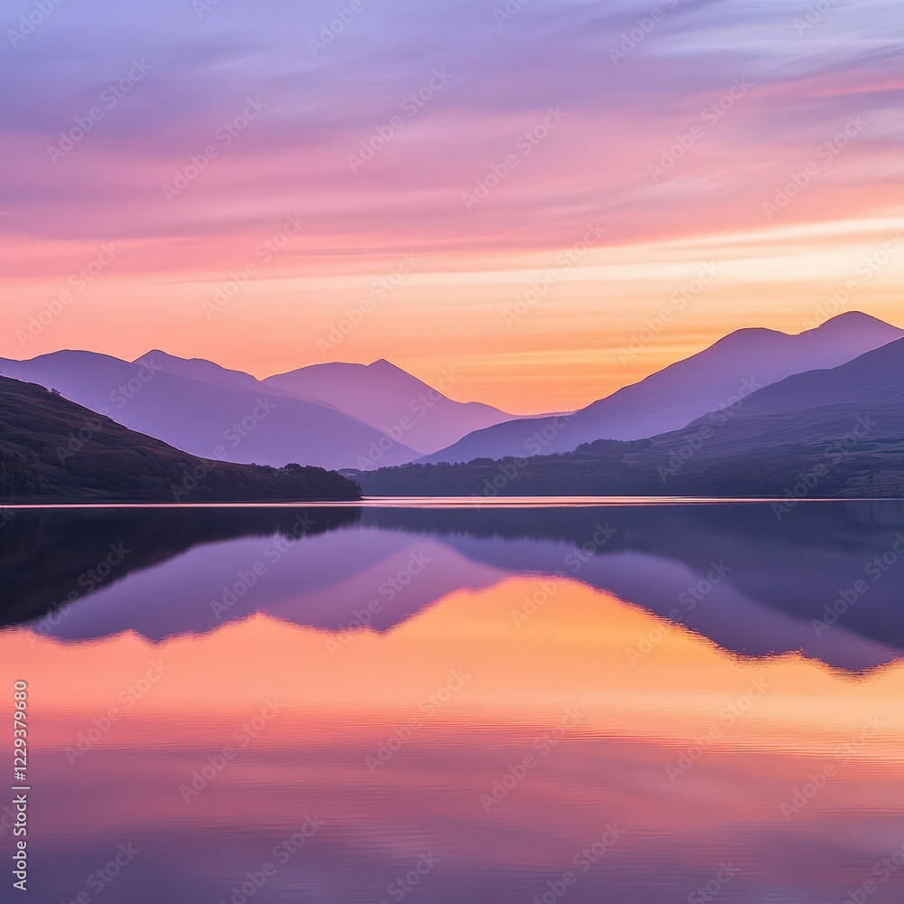 Obraz premium Serene twilight over tranquil lake reflecting mountains and pastel skies