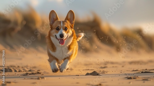 corgi dog gracefully running on the  beach