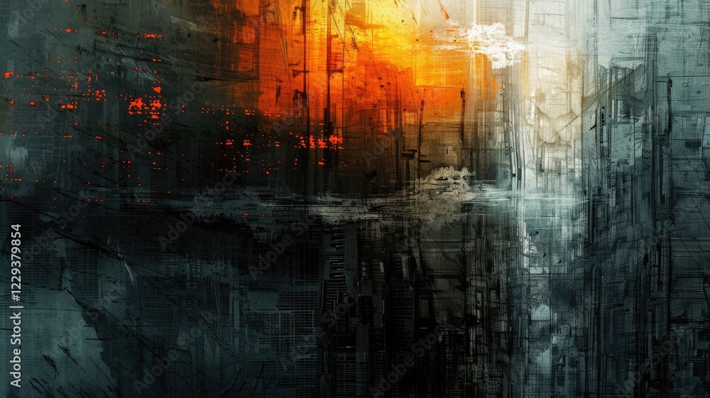 Naklejka premium This abstract artwork features distressed amber and apricot light, creating a dramatic visual atmosphere. The interplay of colors and textures invites deep interpretation and exploration.