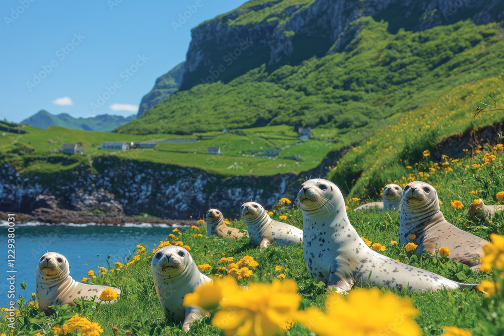 Naklejka premium A serene image of a seal colony basking on a rocky shoreline, with the tide rolling in, representing the protective nature of colony living,
