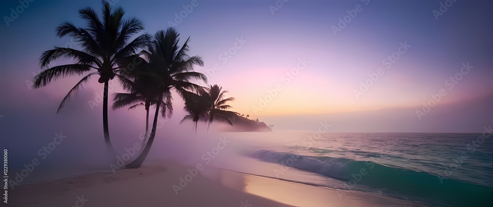A picturesque palm beach enveloped in calming colors enticing individuals into relaxation and fun A picturesque palm beach enveloped in calming colors enticing individuals into relaxation and fun
