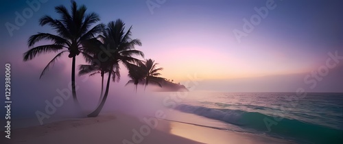 A picturesque palm beach enveloped in calming colors enticing individuals into relaxation and fun