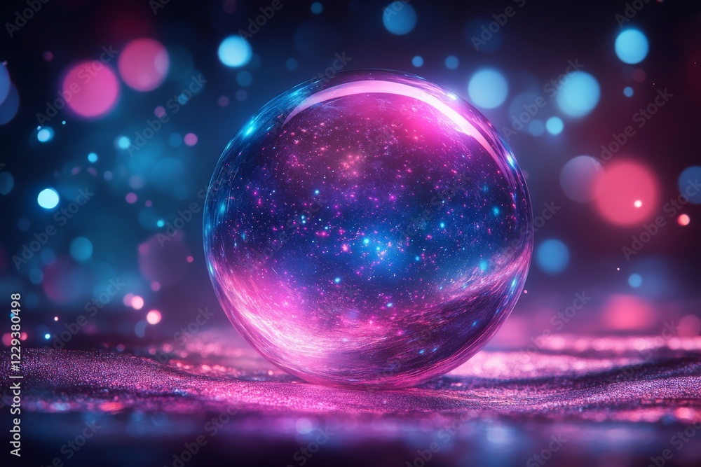 Sparkling cosmic orb surrounded by vibrant bokeh lights in a darkened space Sparkling cosmic orb surrounded by vibrant bokeh lights in a darkened space