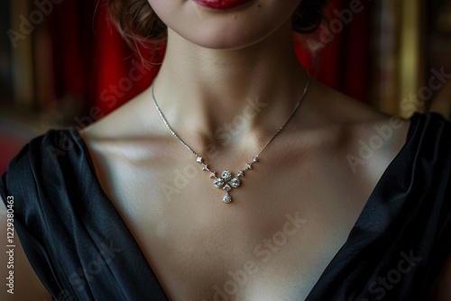 Close-up of a woman's neck adorned with an elegant diamond necklace, AI generated photo