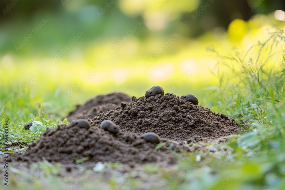 Soil mounds with small stones scattered in a lush green garden during afternoon sunlight Soil mounds with small stones scattered in a lush green garden during afternoon sunlight