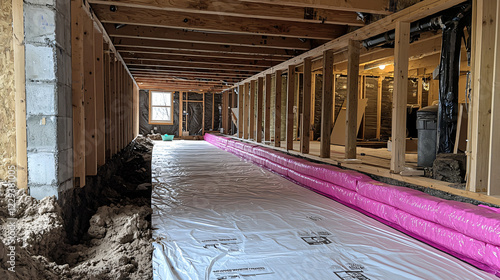 A crawl space with a white vapor barrier covering the ground, wooden beams overhead, and pink insulation between the floor joists. photo