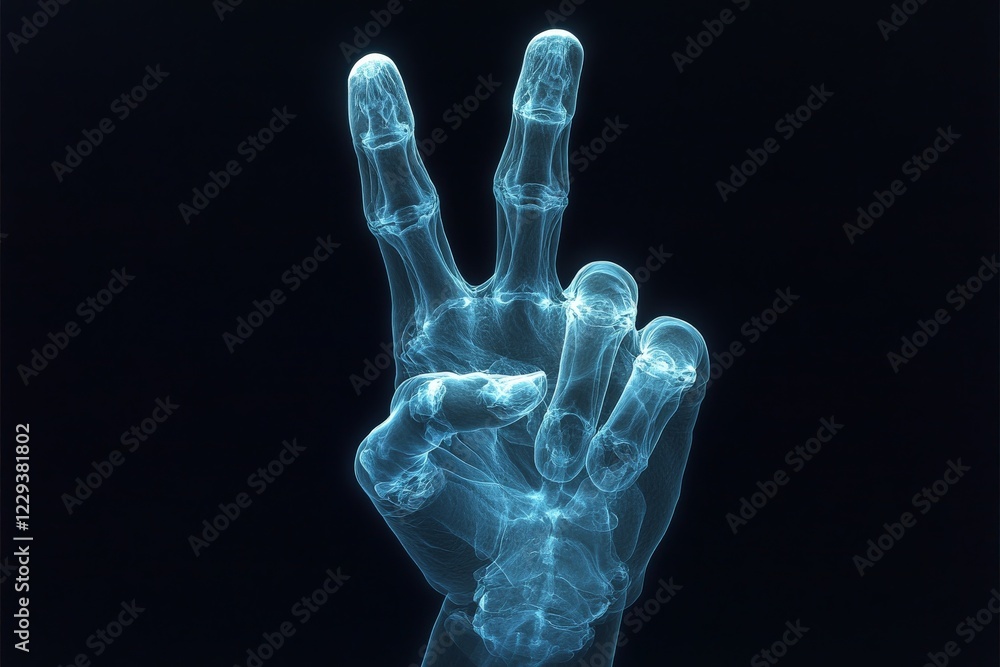Peace sign displayed in a glowing digital representation of a human hand at night