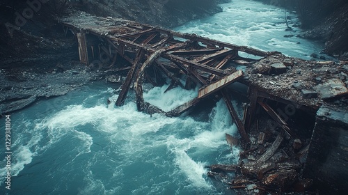 Collapsed bridge over a river with twisted metal and debris, aftermath of an earthquake  photo