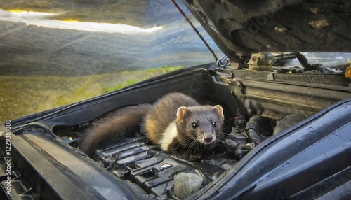 AI generated, animal, animals, mammal, mammals, biotope, habitat, a, single animal, foraging, wildlife, young marten lies on the engine of a car, cable eater, loves car electrics, beech marten (Martes foina), rests, sleeps photo