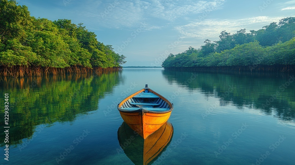 Serene orange boat on tranquil mangrove waterway Serene orange boat on tranquil mangrove waterway