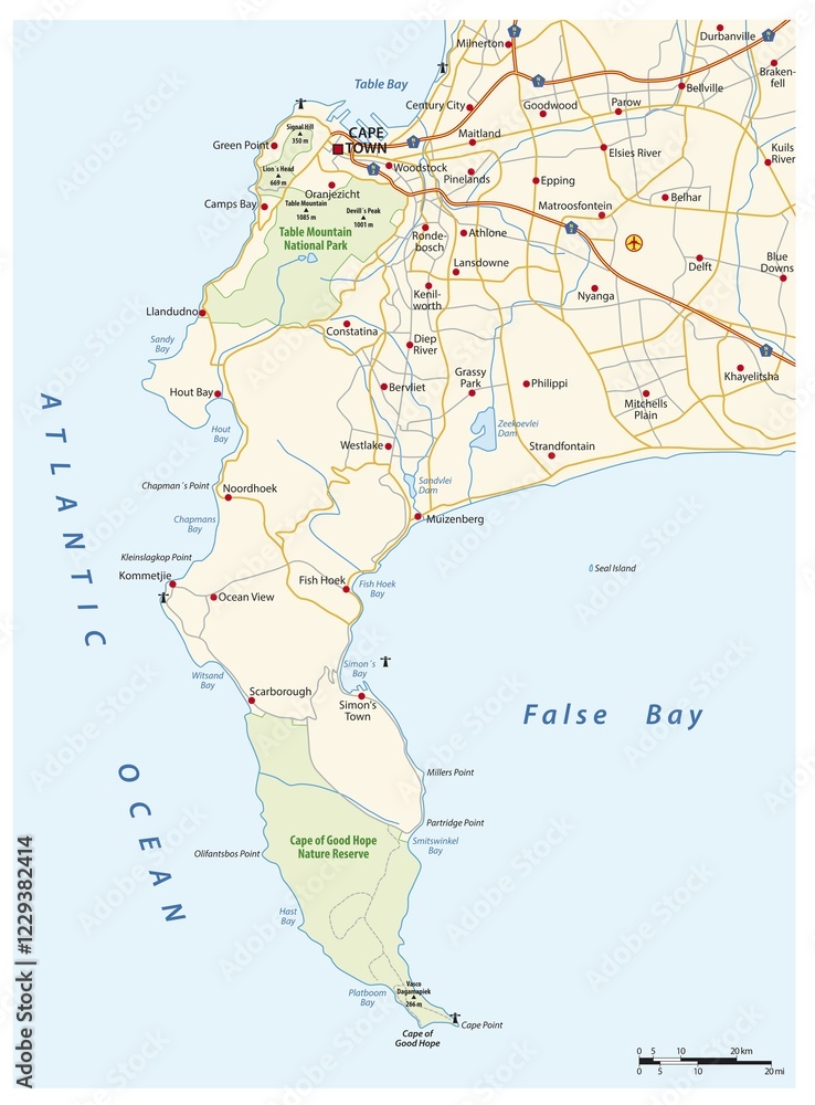 Vector road map of Cape Peninsula, Cape Town, South Africa, Africa Vector road map of Cape Peninsula, Cape Town, South Africa, Africa