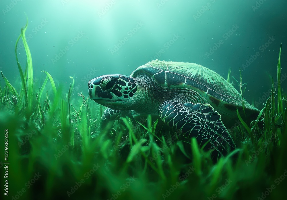 Fototapeta premium Majestic Green Sea Turtle Gliding Through Lush Underwater Seagrass in Tranquil Marine Environment with Sunlight Filtering Through Water Surface