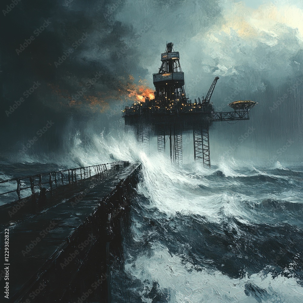 Fototapeta premium Stormy sea batters offshore platform, fiery eruption.