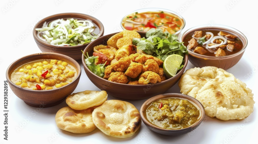 A variety of Indian curries and bread presented on a white surface, AI generated A variety of Indian curries and bread presented on a white surface, AI generated
