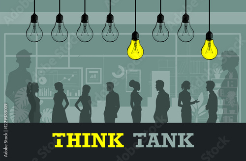 Vektor Darstellung Silhouette Körper von Personen im Brainstorming - Idee und Lösung mit leuchtender Glühbirne - Think Tank Strategie - Experten und Spezialisten 
