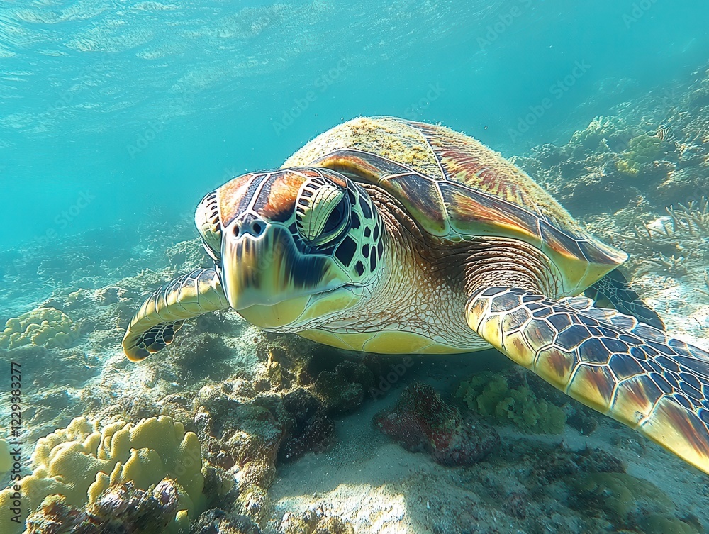 Fototapeta premium Majestic Green Sea Turtle Swimming Gracefully Among Vibrant Coral Reefs in Tropical Waters with Sunlight Filtering Through the Ocean Surface
