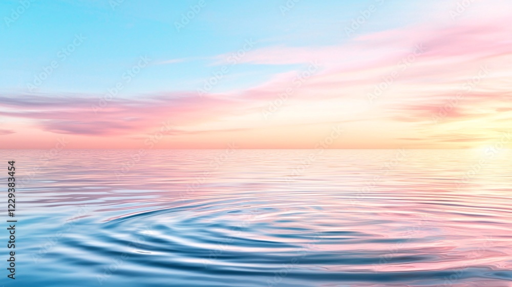 Obraz premium Beach summer marketing campaigns concept. Serene seascape with gentle ripples reflecting a pastel sky at sunrise, blending pink and blue hues over calm waters.
