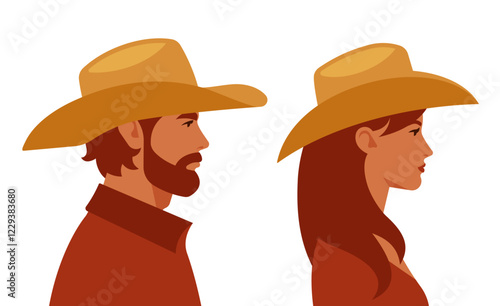 Cowboy and cowgirl. Beautiful man and woman in cowboy hat. Side view portrait of people. Vector illustration related with western theme, wild west, American history