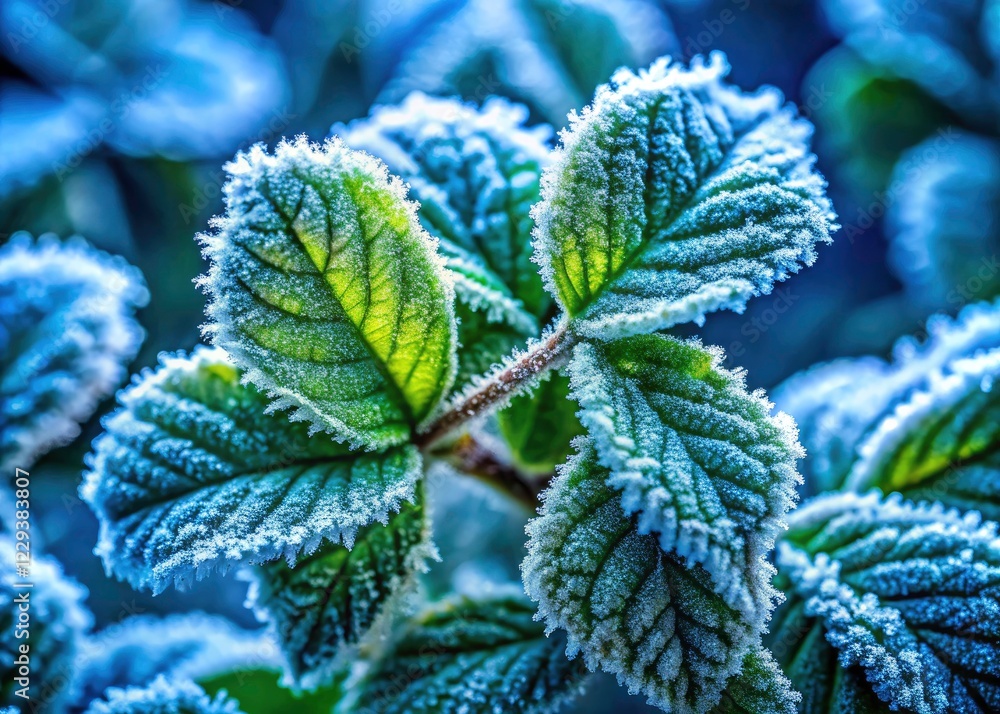 Emerald frost clings to leaves, a captivating winter close-up; nature's surreal art. Emerald frost clings to leaves, a captivating winter close-up; nature's surreal art.