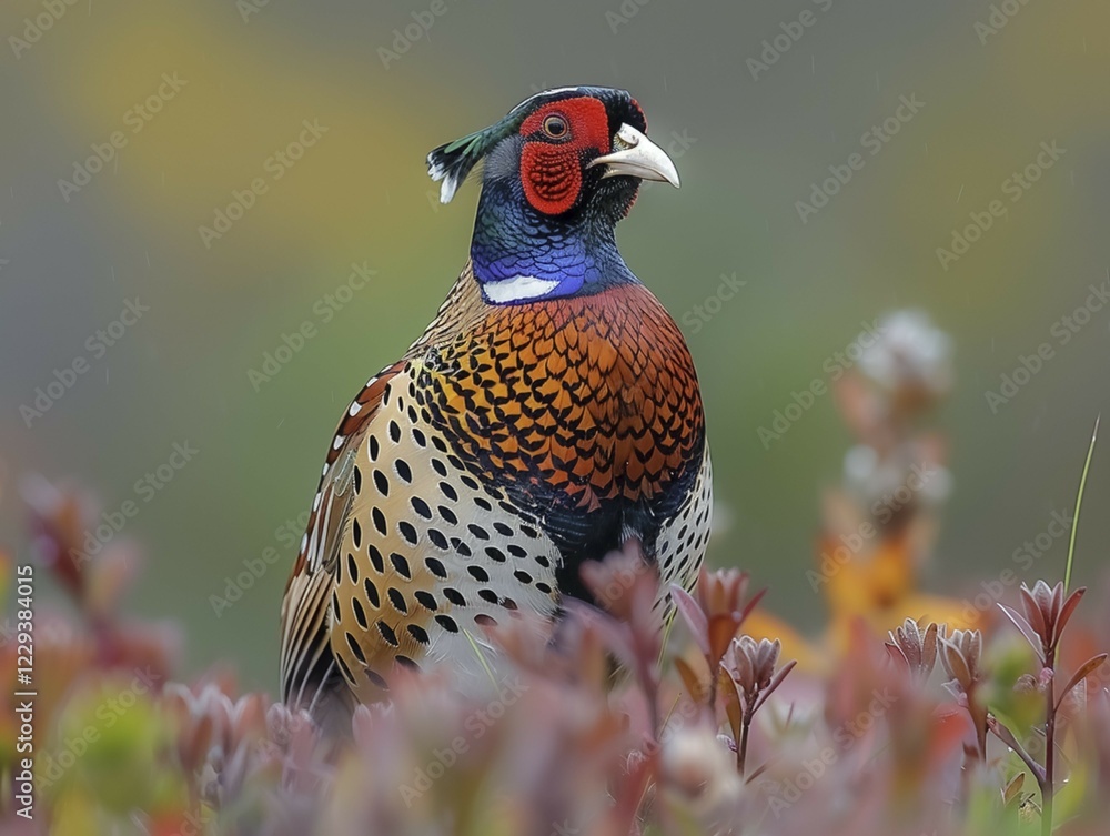Fototapeta premium A pheasant (Phasianus colchicus) in natural surroundings, AI generated