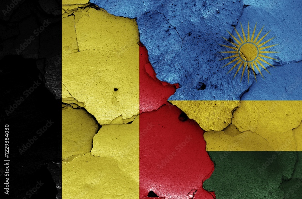 Flags of Belgium and Rwanda painted on cracked wall