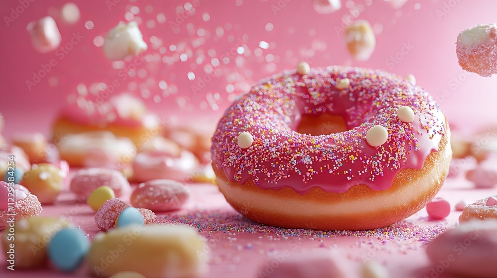 Fried Sugar Junk Donut with Sprinkles, Sweet Food Concept, Unhealthy Snack, Colorful Dessert on White Background, Delicious Treat Illustration Fried Sugar Junk Donut with Sprinkles, Sweet Food Concept, Unhealthy Snack, Colorful Dessert on White Background, Delicious Treat Illustration