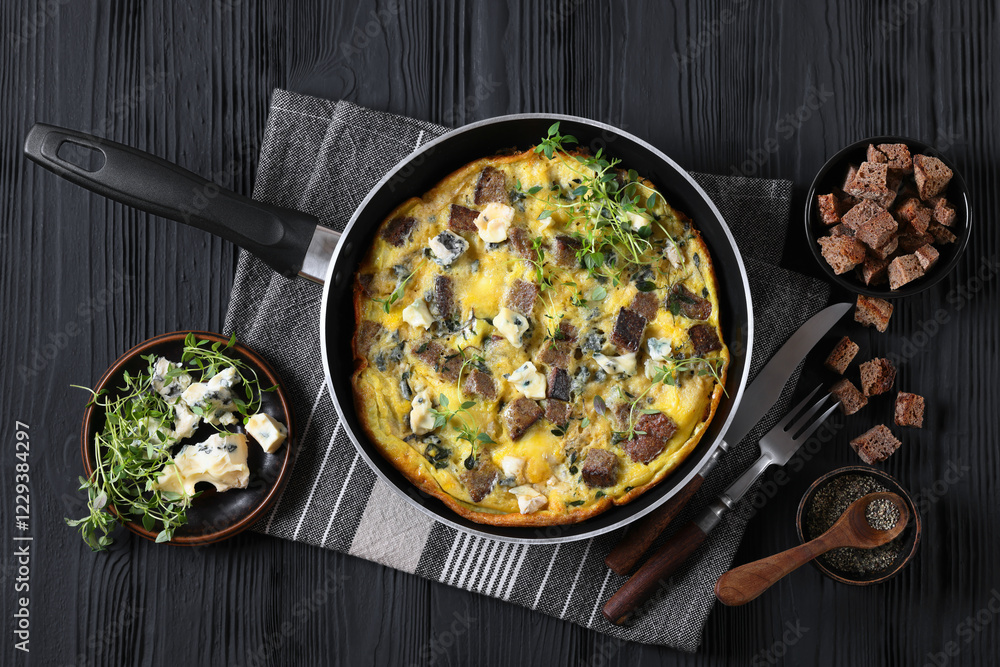omelette with blue cheese, rye croutons and thyme omelette with blue cheese, rye croutons and thyme