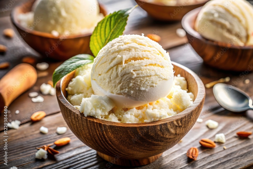 Escape to paradise with this creamy coconut ice cream; a refreshing summer dessert. Stunning photo. Escape to paradise with this creamy coconut ice cream; a refreshing summer dessert. Stunning photo.