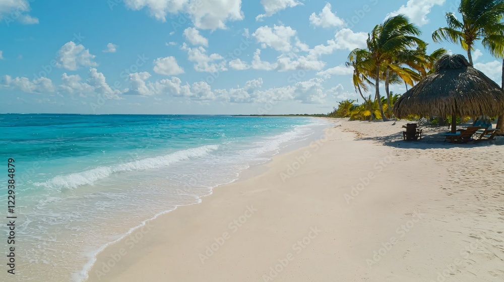 Beach summer marketing campaigns concept. Pristine beach with soft white sand, clear turquoise waters, and palm trees under a sunny sky. Beach summer marketing campaigns concept. Pristine beach with soft white sand, clear turquoise waters, and palm trees under a sunny sky.