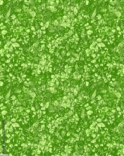 A vibrant green floral pattern featuring various leaves and small flowers, creating a lively and natural ambiance.