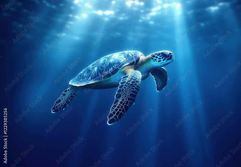 Fototapeta premium Majestic Sea Turtle Gliding Gracefully Through Crystal Clear Blue Ocean Waters Under Bright Sunbeams Creating a Calm and Serene Atmosphere