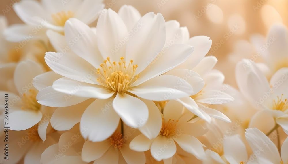 Fototapeta premium Pétalos de flores blancas suaves y delicados con un fondo cálido y brillante