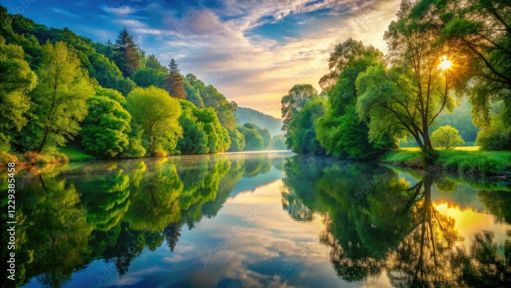 Serene river mirrors tranquil trees, a breathtaking reflection. Serene river mirrors tranquil trees, a breathtaking reflection.